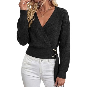 Springrain Women’s V Neck Long Sleeve Wrap Fall Belted Sweater | Metal Ring Buckle Adjustable Waist, Soft Stretch Rib‑knit Fabric, Cropped Figure‑Hugging Fit, Relaxed Drop(Black)