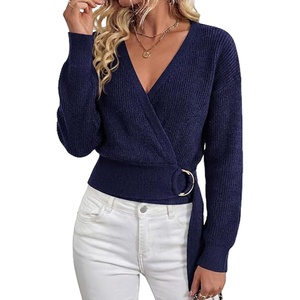 Springrain Women’s V Neck Long Sleeve Wrap Fall Belted Sweater | Metal Ring Buckle Adjustable Waist, Soft Stretch Rib‑knit Fabric, Cropped Figure‑Hugging Fit, Relaxed Drop(Navy)