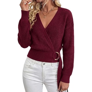 Springrain Women’s V Neck Long Sleeve Wrap Fall Belted Sweater | Metal Ring Buckle Adjustable Waist, Soft Stretch Rib‑knit Fabric, Cropped Figure‑Hugging Fit, Relaxed Drop(Burgundy)