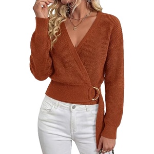 Springrain Women’s V Neck Long Sleeve Wrap Fall Belted Sweater | Metal Ring Buckle Adjustable Waist, Soft Stretch Rib‑knit Fabric, Cropped Figure‑Hugging Fit, Relaxed Drop(Rust)
