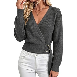 Springrain Women’s V Neck Long Sleeve Wrap Fall Belted Sweater | Metal Ring Buckle Adjustable Waist, Soft Stretch Rib‑knit Fabric, Cropped Figure‑Hugging Fit, Relaxed Drop(Grey)