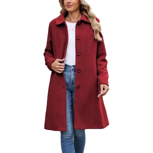 Springrain Women’s Winter Wool Blend Coat Single Breasted Peacoat | Elegant Warm Turn Down Collar Overcoat, Casual Knee Length Mid Long Trench Coat, Versatile Office Daily Outerwear(Red)