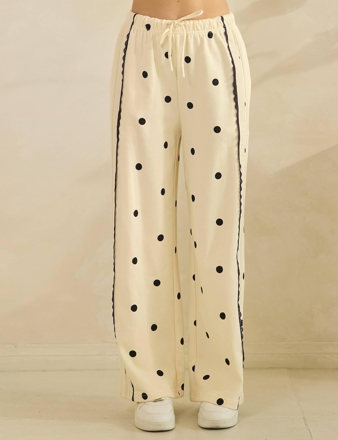image:imageSpringrain Womens 2 Piece Polka Dot Fall Lounge Set SweatsuitApricotXL Side Lace Trim Detailing Elastic Drawstring Waistband Side Pockets Figureflattering Wide Leg Pants Ribbed Cuffs