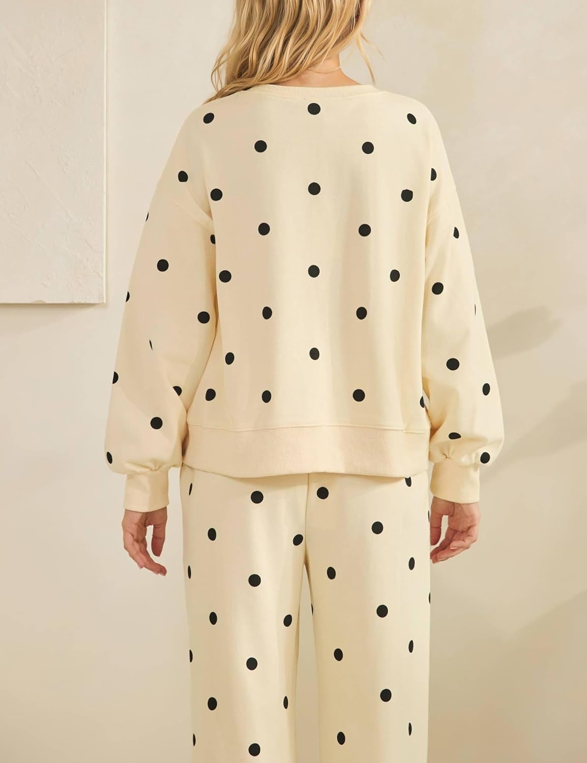 image:imageSpringrain Womens 2 Piece Polka Dot Fall Lounge Set SweatsuitApricotXL Side Lace Trim Detailing Elastic Drawstring Waistband Side Pockets Figureflattering Wide Leg Pants Ribbed Cuffs