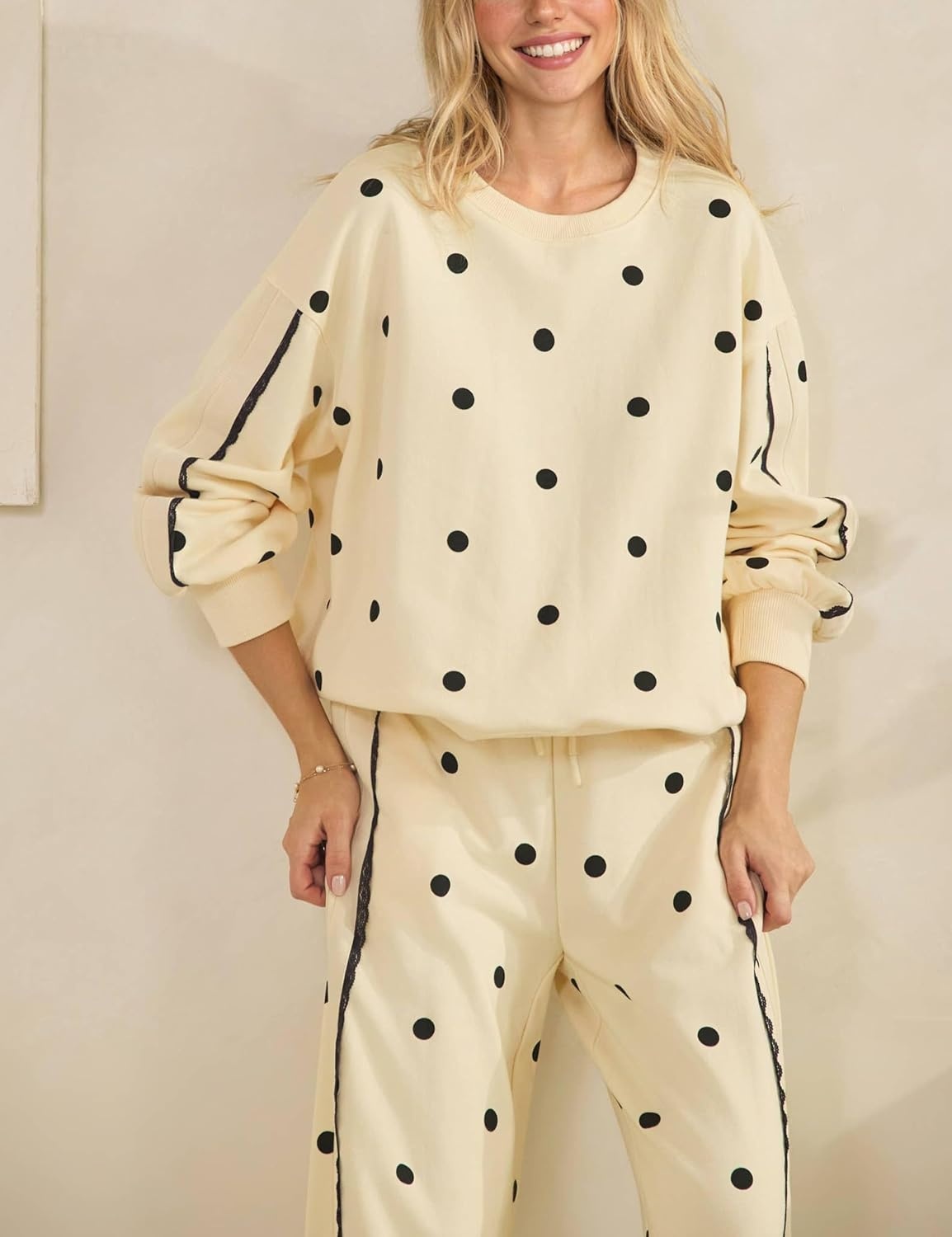 image:imageSpringrain Womens 2 Piece Polka Dot Fall Lounge Set SweatsuitApricotXL Side Lace Trim Detailing Elastic Drawstring Waistband Side Pockets Figureflattering Wide Leg Pants Ribbed Cuffs