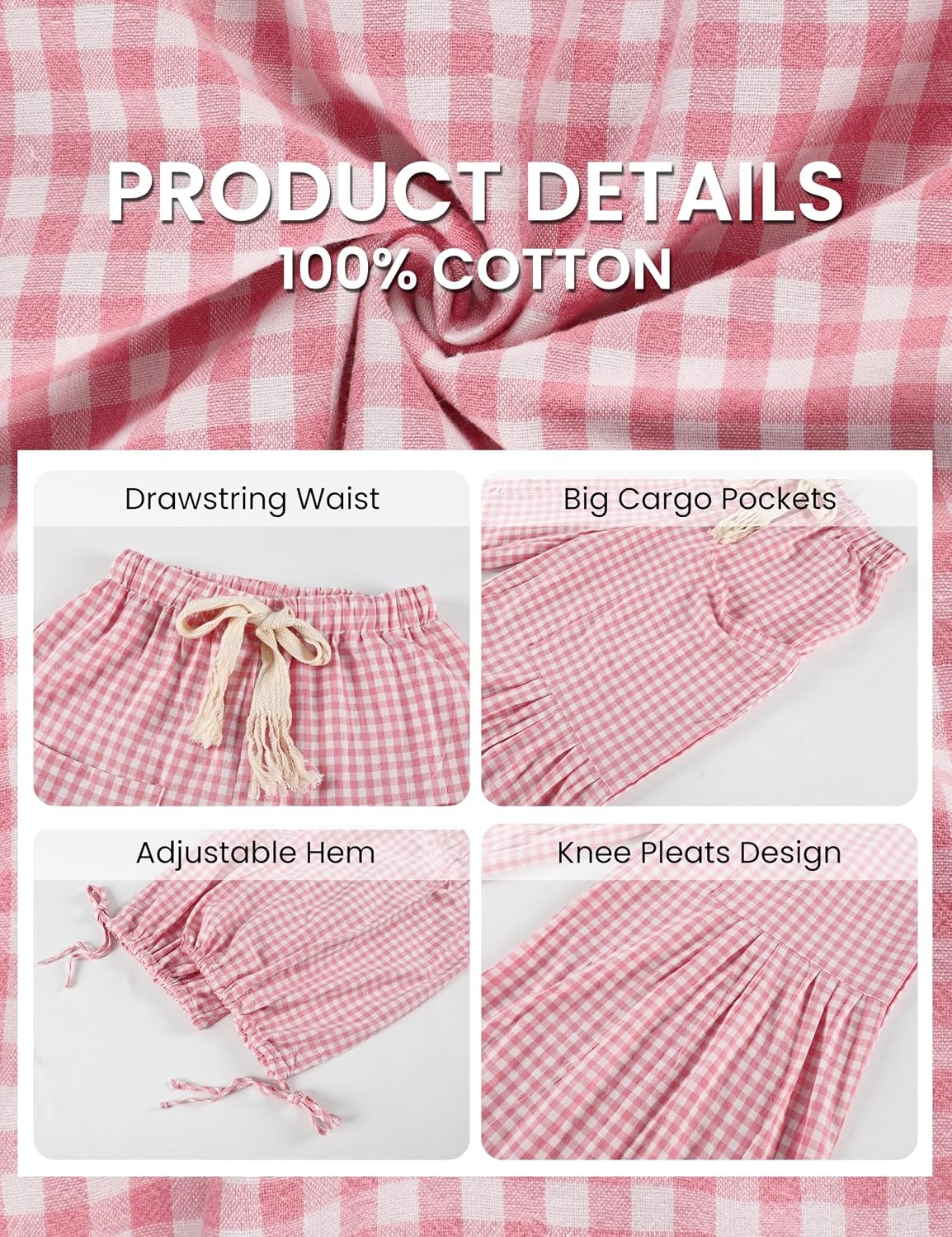 image:imageSpringrain Womens Gingham Boho Pants Baggy Wide Leg Trousers Casual Drawstring Harem Pants for Women Two Big Side Pockets for Convenience Ideal for Spring Summer and FallPink