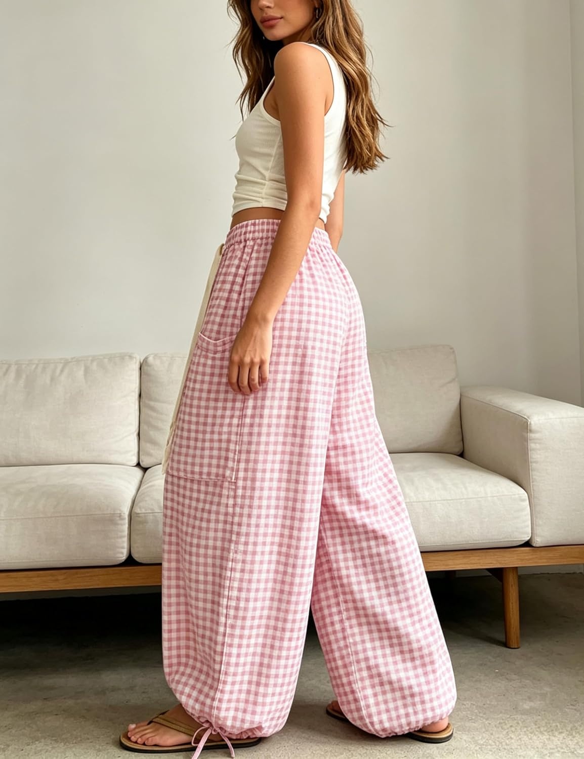 image:imageSpringrain Womens Gingham Boho Pants Baggy Wide Leg Trousers Casual Drawstring Harem Pants for Women Two Big Side Pockets for Convenience Ideal for Spring Summer and FallPink