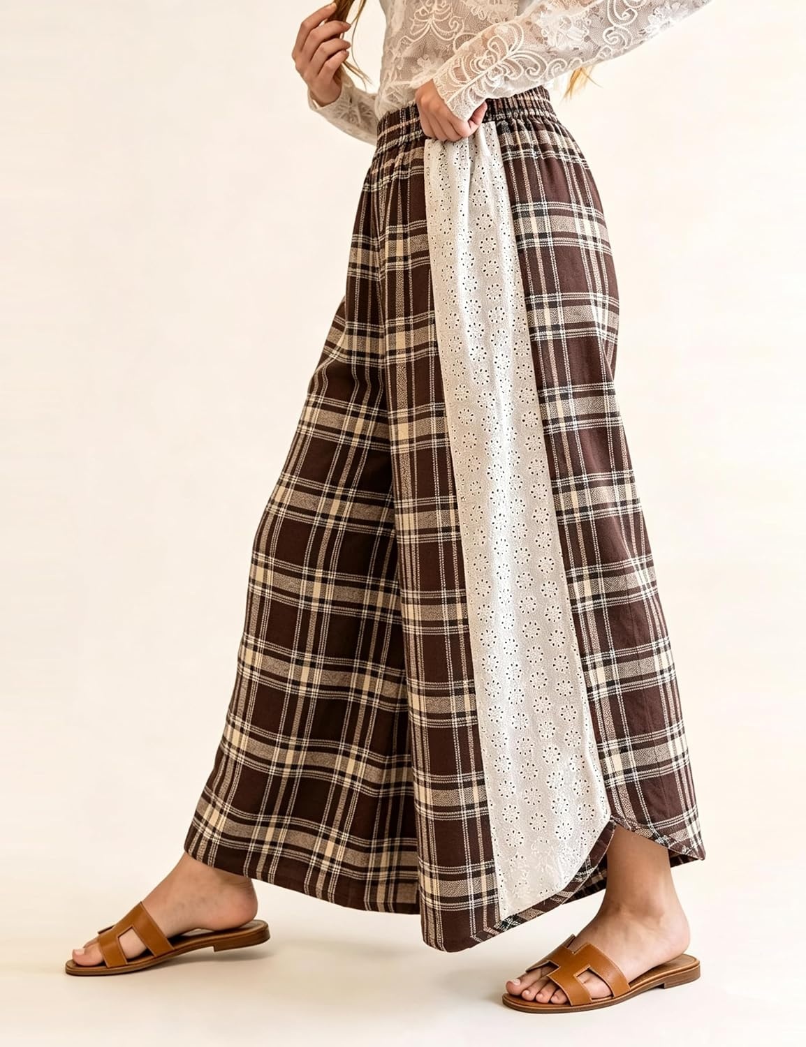 image:imageSpringrain Womens Wide Leg Plaid Pants Lace Spliced Fall Soft Fabric Elastic High Waist Flowy Relaxed Silhouette Holiday Weekend Spring Summer Seasonal Wear CasualCoffee
