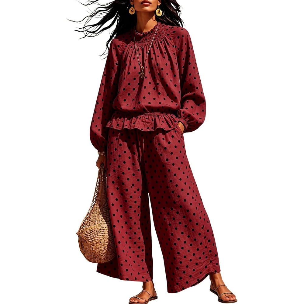 image:imageSpringrain Womens 2 Piece Fall Outfits Polka Dot Casual SetRedXL  Elastic Waist Wide Leg Pants Breathable Linen Fabric Functional Side Pockets Smocked Ruffle Mock Neck Elastic Cuffs