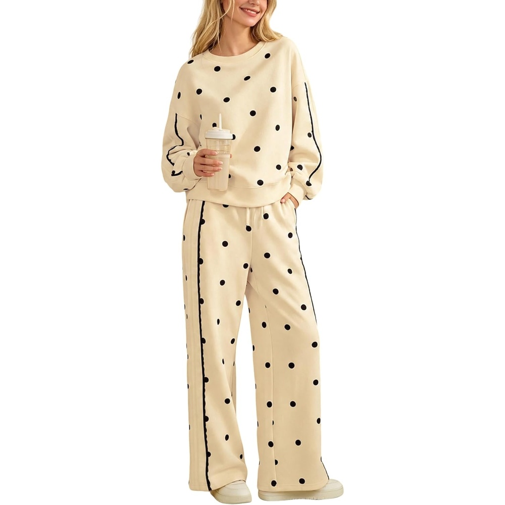 image:imageSpringrain Womens 2 Piece Polka Dot Fall Lounge Set SweatsuitApricotS Side Lace Trim Detailing Elastic Drawstring Waistband Side Pockets Figureflattering Wide Leg Pants Ribbed Cuffs