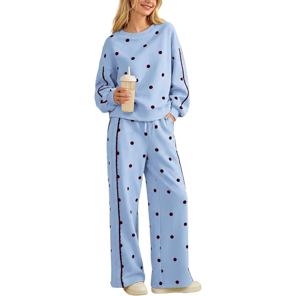 image:imageSpringrain Womens 2 Piece Polka Dot Fall Lounge Set SweatsuitBlueM  Side Lace Trim Detailing Elastic Drawstring Waistband Side Pockets Figureflattering Wide Leg Pants Ribbed Cuffs