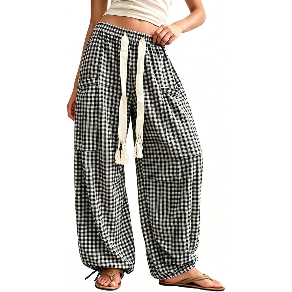 image:imageSpringrain Womens Gingham Boho Pants Baggy Wide Leg Trousers  Casual Drawstring Harem Pants for Women Two Big Side Pockets for Convenience Ideal for Spring Summer and FallBlack