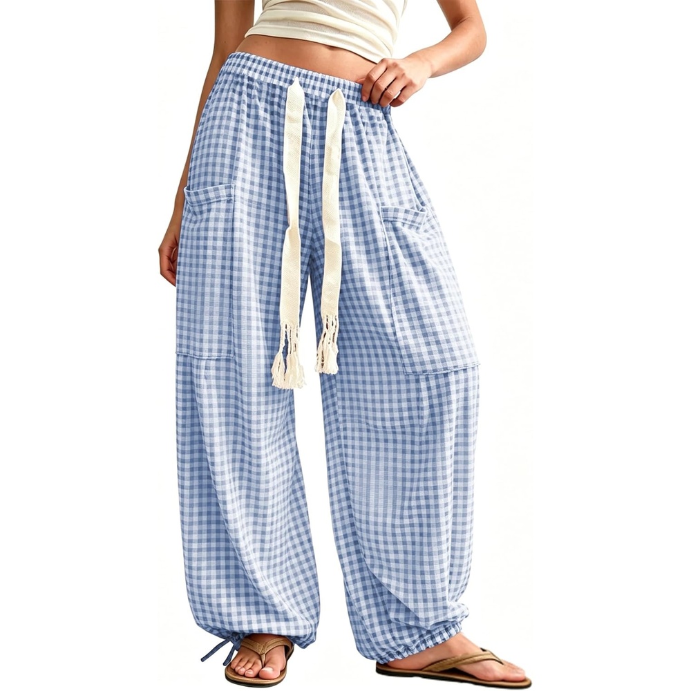 image:imageSpringrain Womens Gingham Boho Pants Baggy Wide Leg Trousers  Casual Drawstring Harem Pants for Women Two Big Side Pockets for Convenience Ideal for Spring Summer and FallBlue