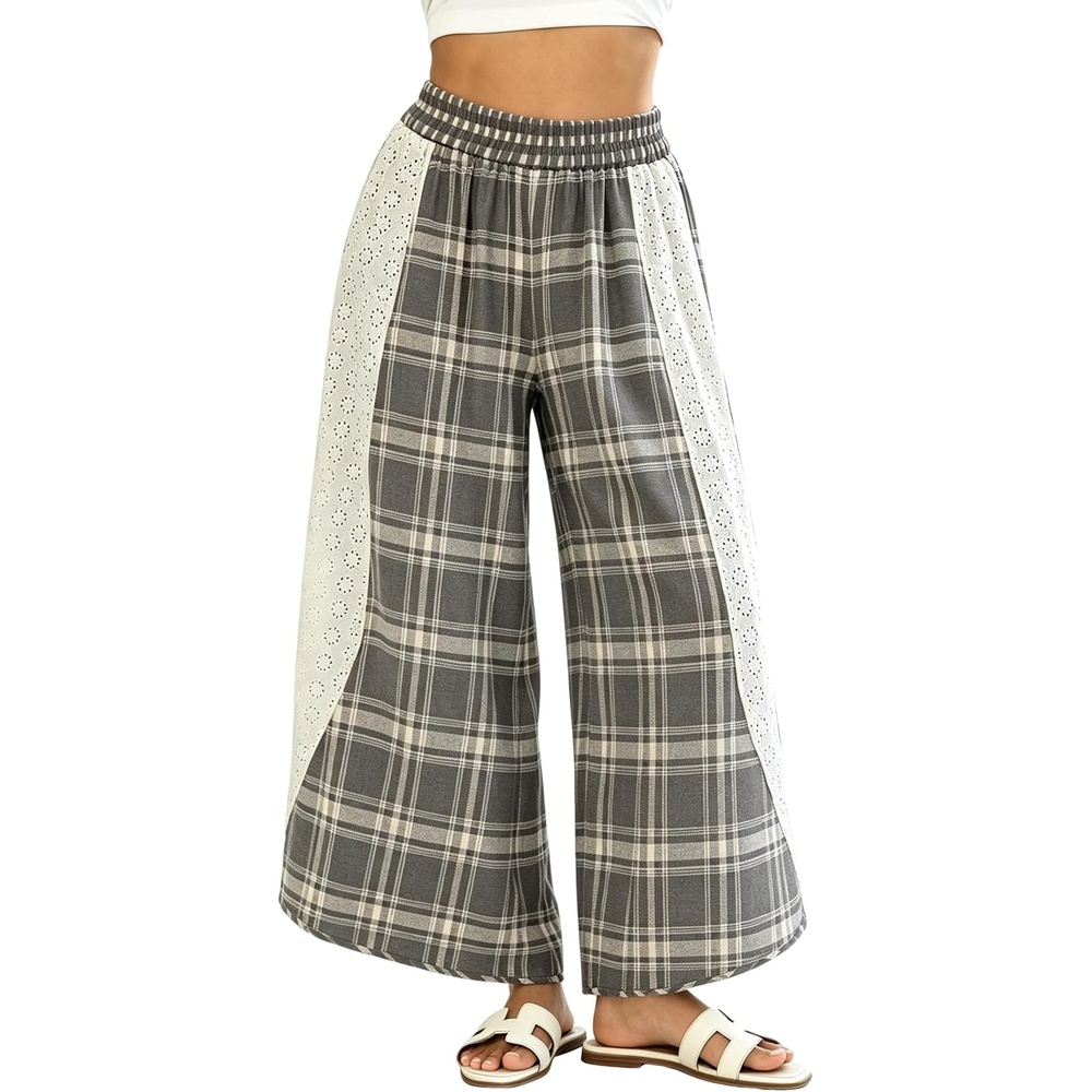 image:imageSpringrain Womens Wide Leg Plaid Pants Lace Spliced Fall Soft Fabric Elastic High Waist Flowy Relaxed Silhouette Holiday Weekend Spring Summer Seasonal Wear CasualGrey