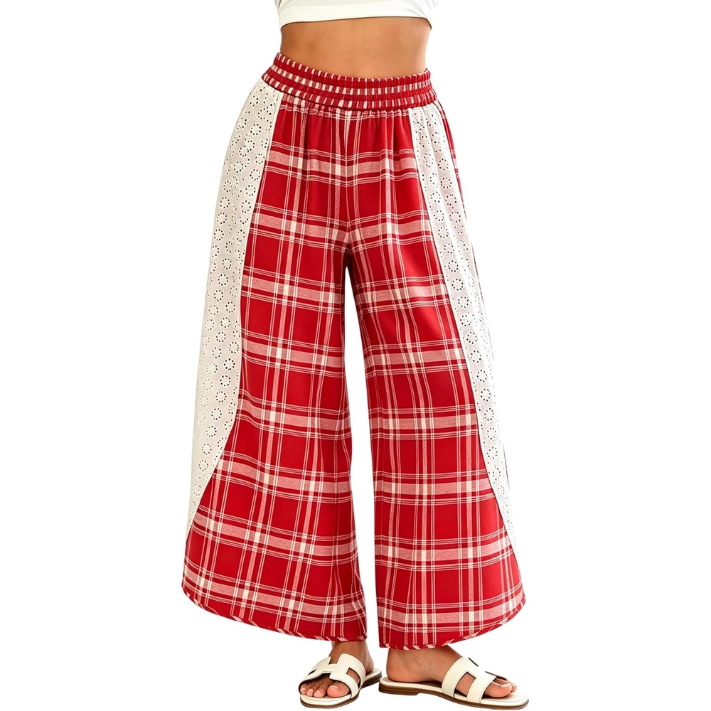 image:imageSpringrain Womens Wide Leg Plaid Pants Lace Spliced Fall  Soft Fabric Elastic High Waist Flowy Relaxed Silhouette Holiday Weekend Spring Summer Seasonal Wear CasualRed