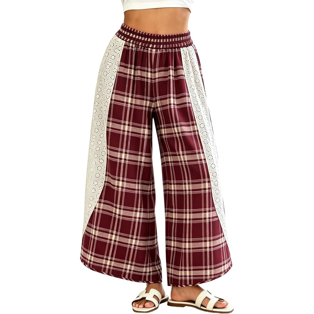 image:imageSpringrain Womens Wide Leg Plaid Pants Lace Spliced Fall Soft Fabric Elastic High Waist Flowy Relaxed Silhouette Holiday Weekend Spring Summer Seasonal Wear CasualBurgundy