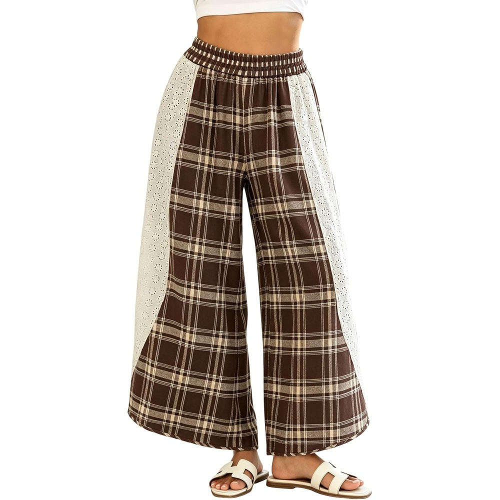 image:imageSpringrain Womens Wide Leg Plaid Pants Lace Spliced Fall  Soft Fabric Elastic High Waist Flowy Relaxed Silhouette Holiday Weekend Spring Summer Seasonal Wear CasualCoffee