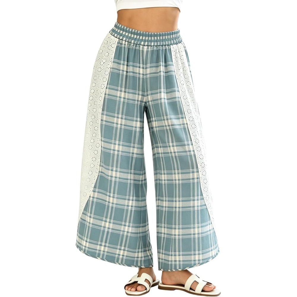 image:imageSpringrain Womens Wide Leg Plaid Pants Lace Spliced Fall Soft Fabric Elastic High Waist Flowy Relaxed Silhouette Holiday Weekend Spring Summer Seasonal Wear CasualBlue