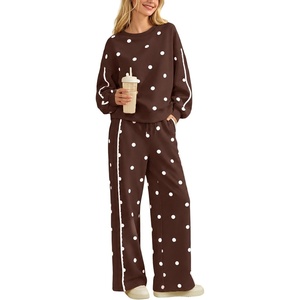 Springrain Women’s 2 Piece Polka Dot Fall Lounge Set Sweatsuit(Brown-XL) | Side Lace Trim Detailing, Elastic Drawstring Waistband, Side Pockets, Figure-flattering Wide Leg Pants, Ribbed Cuffs
