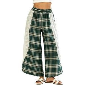 Springrain Women’s Wide Leg Plaid Pants Lace Spliced Fall | Soft Fabric, Elastic High Waist, Flowy Relaxed Silhouette, Holiday Weekend, Spring Summer Seasonal Wear, Casual(Green)