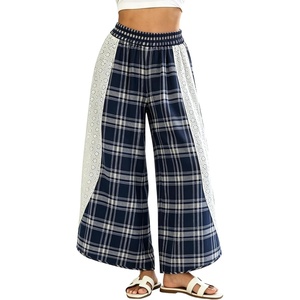 Springrain Women’s Wide Leg Plaid Pants Lace Spliced Fall | Soft Fabric, Elastic High Waist, Flowy Relaxed Silhouette, Holiday Weekend, Spring Summer Seasonal Wear, Casual(Navy)