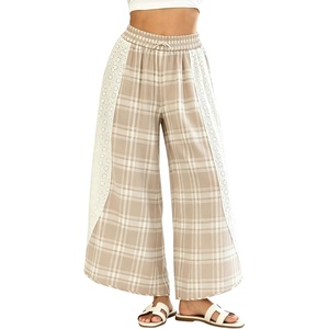 Springrain Women’s Wide Leg Plaid Pants Lace Spliced Fall | Soft Fabric, Elastic High Waist, Flowy Relaxed Silhouette, Holiday Weekend, Spring Summer Seasonal Wear, Casual(Beige)