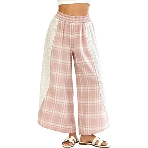 Springrain Women’s Wide Leg Plaid Pants Lace Spliced Fall | Soft Fabric, Elastic High Waist, Flowy Relaxed Silhouette, Holiday Weekend, Spring Summer Seasonal Wear, Casual(Pink)