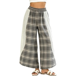 Springrain Women’s Wide Leg Plaid Pants Lace Spliced Fall | Soft Fabric, Elastic High Waist, Flowy Relaxed Silhouette, Holiday Weekend, Spring Summer Seasonal Wear, Casual(Grey)