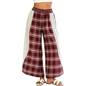 Springrain Women’s Wide Leg Plaid Pants Lace Spliced Fall | Soft Fabric, Elastic High Waist, Flowy Relaxed Silhouette, Holiday Weekend, Spring Summer Seasonal Wear, Casual(Burgundy)