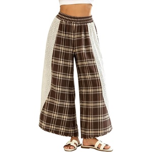Springrain Women’s Wide Leg Plaid Pants Lace Spliced Fall | Soft Fabric, Elastic High Waist, Flowy Relaxed Silhouette, Holiday Weekend, Spring Summer Seasonal Wear, Casual(Coffee)