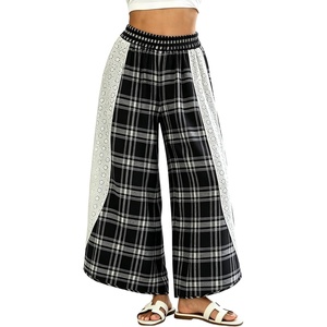 Springrain Women’s Wide Leg Plaid Pants Lace Spliced Fall | Soft Fabric, Elastic High Waist, Flowy Relaxed Silhouette, Holiday Weekend, Spring Summer Seasonal Wear, Casual(Black)