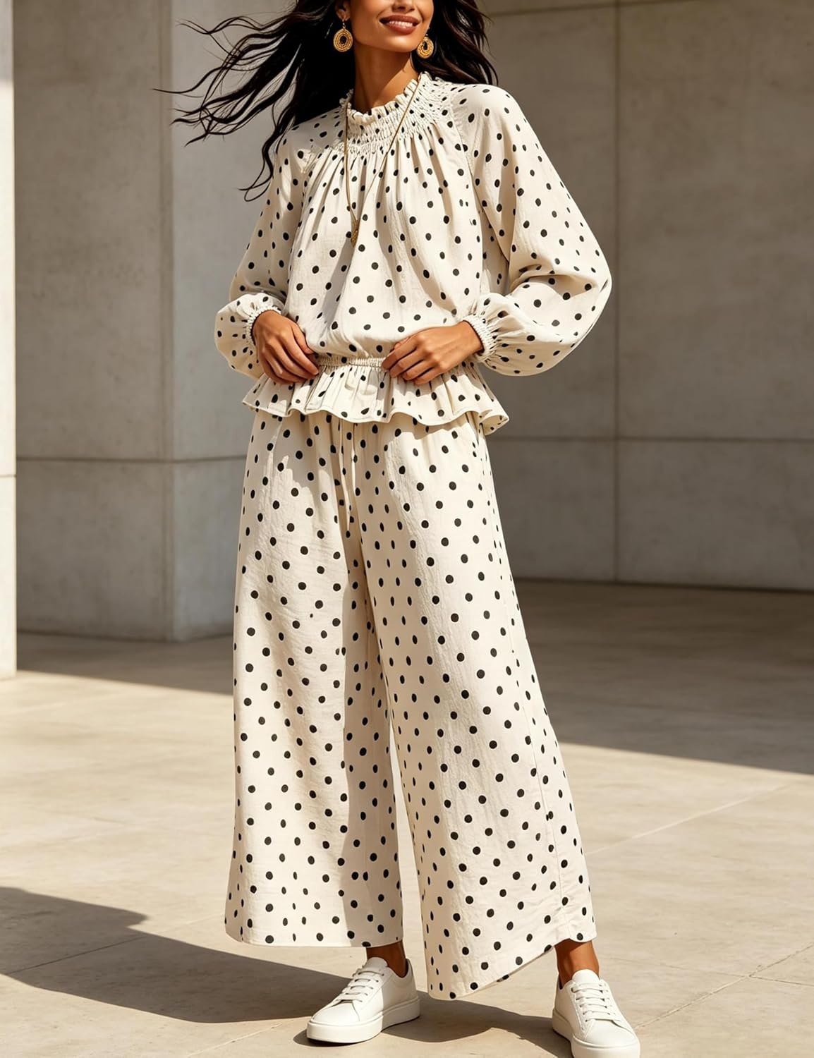 image:imageSpringrain Womens 2 Piece Fall Outfits Polka Dot Casual SetWhiteL Elastic Waist Wide Leg Pants Breathable Linen Fabric Functional Side Pockets Smocked Ruffle Mock Neck Elastic Cuffs