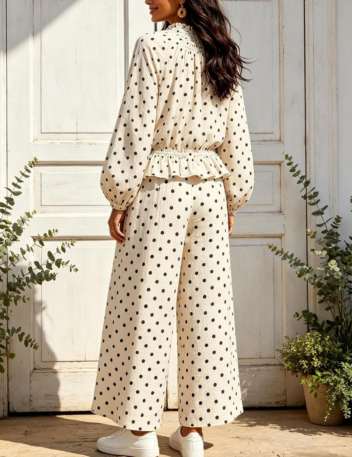 image:imageSpringrain Womens 2 Piece Fall Outfits Polka Dot Casual SetWhiteL Elastic Waist Wide Leg Pants Breathable Linen Fabric Functional Side Pockets Smocked Ruffle Mock Neck Elastic Cuffs