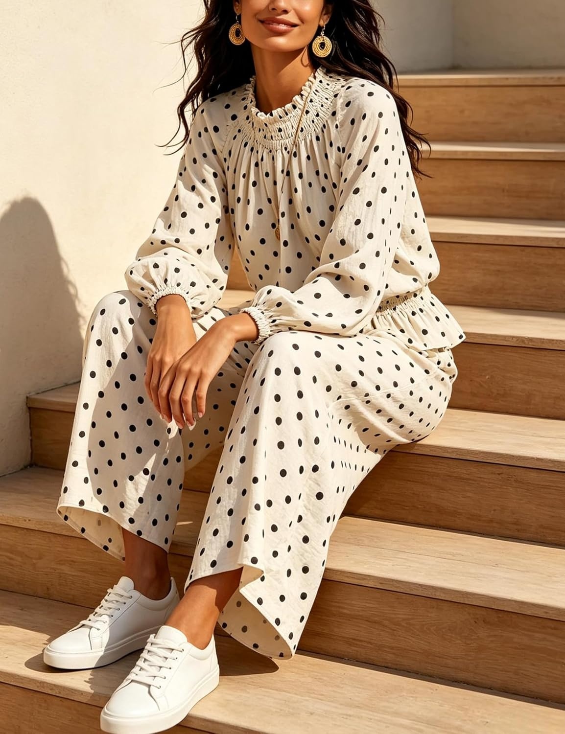 image:imageSpringrain Womens 2 Piece Fall Outfits Polka Dot Casual SetWhiteL Elastic Waist Wide Leg Pants Breathable Linen Fabric Functional Side Pockets Smocked Ruffle Mock Neck Elastic Cuffs