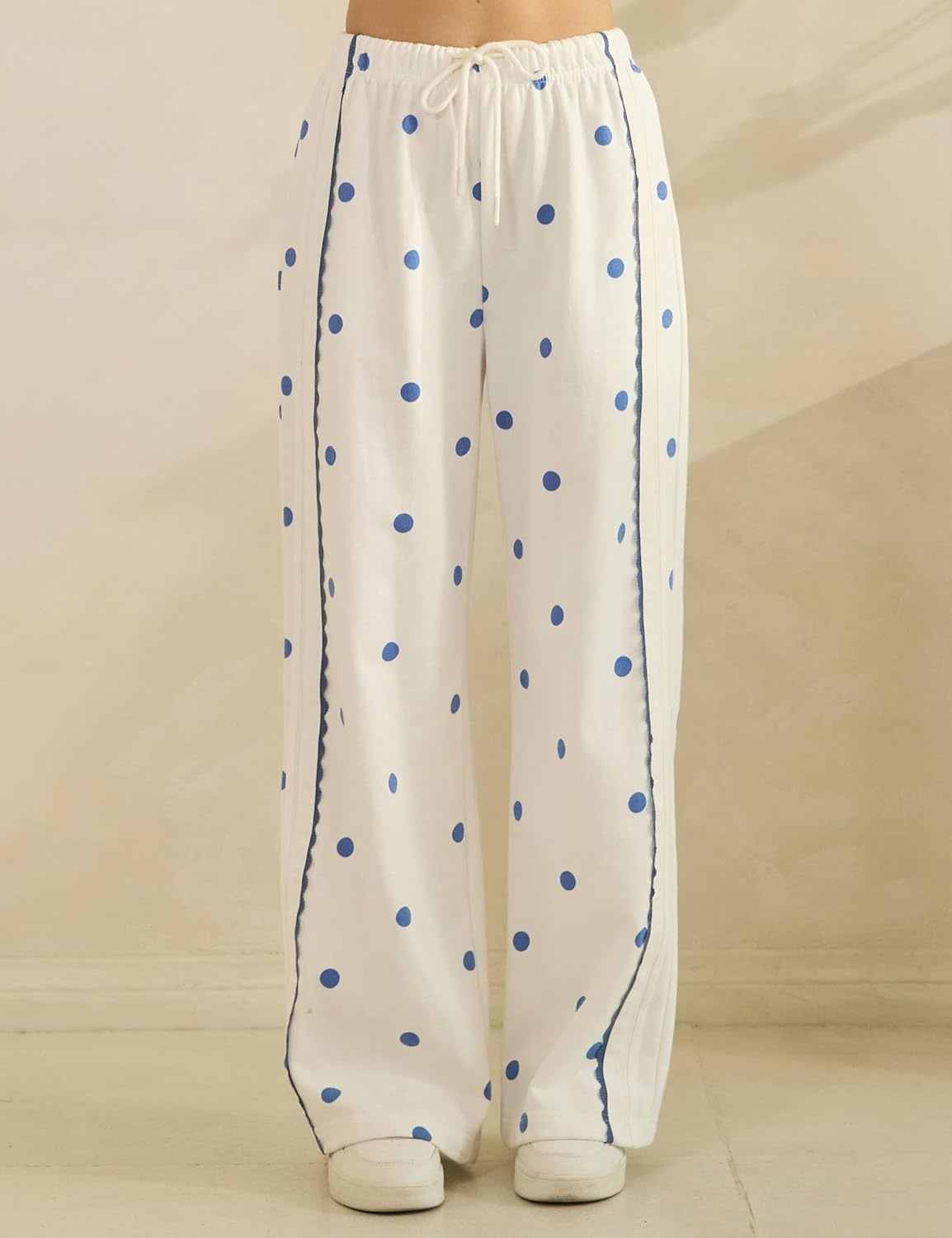 image:imageSpringrain Womens 2 Piece Polka Dot Fall Lounge Set SweatsuitBeigeL Side Lace Trim Detailing Elastic Drawstring Waistband Side Pockets Figureflattering Wide Leg Pants Ribbed Cuffs