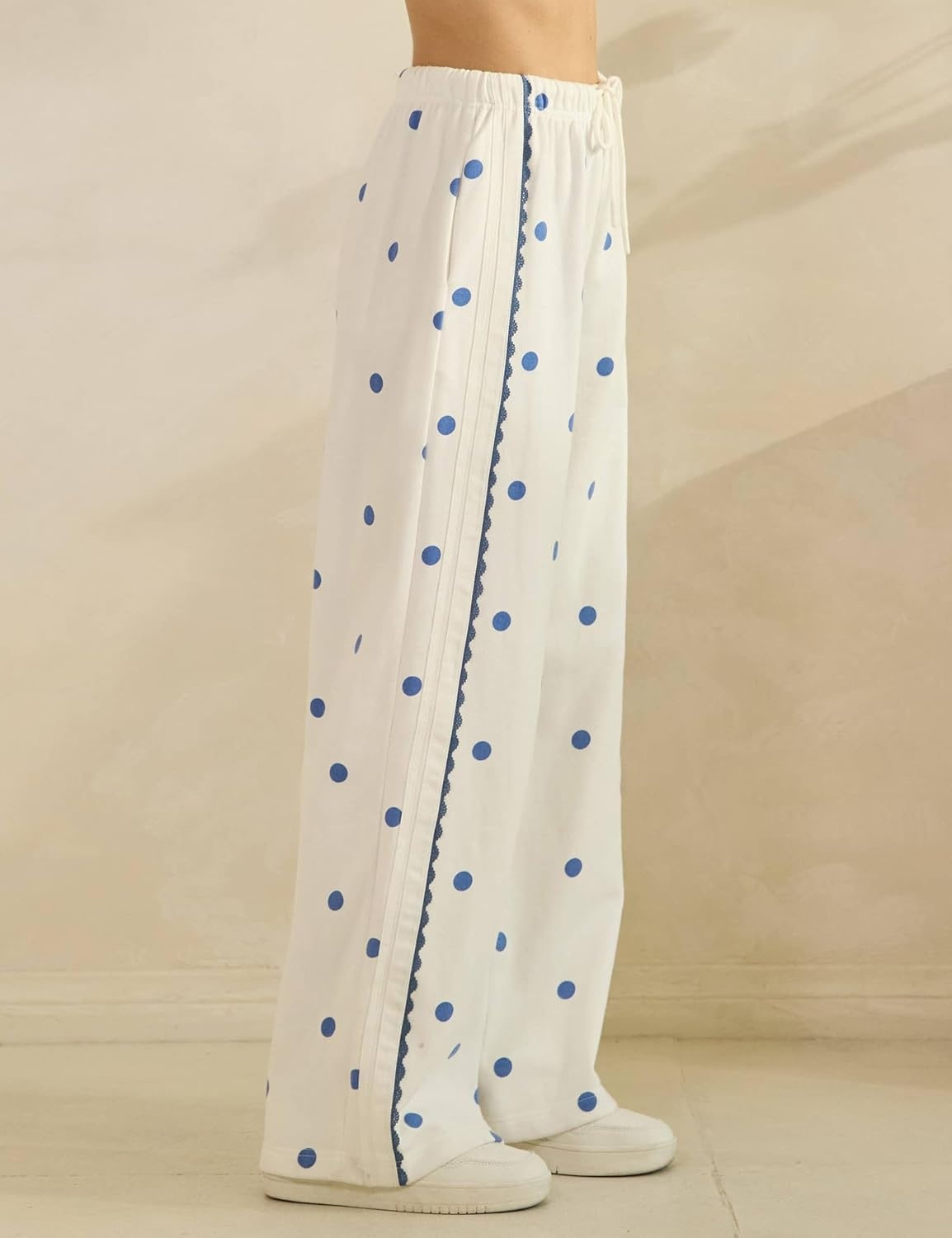 image:imageSpringrain Womens 2 Piece Polka Dot Fall Lounge Set SweatsuitBeigeXL Side Lace Trim Detailing Elastic Drawstring Waistband Side Pockets Figureflattering Wide Leg Pants Ribbed Cuffs