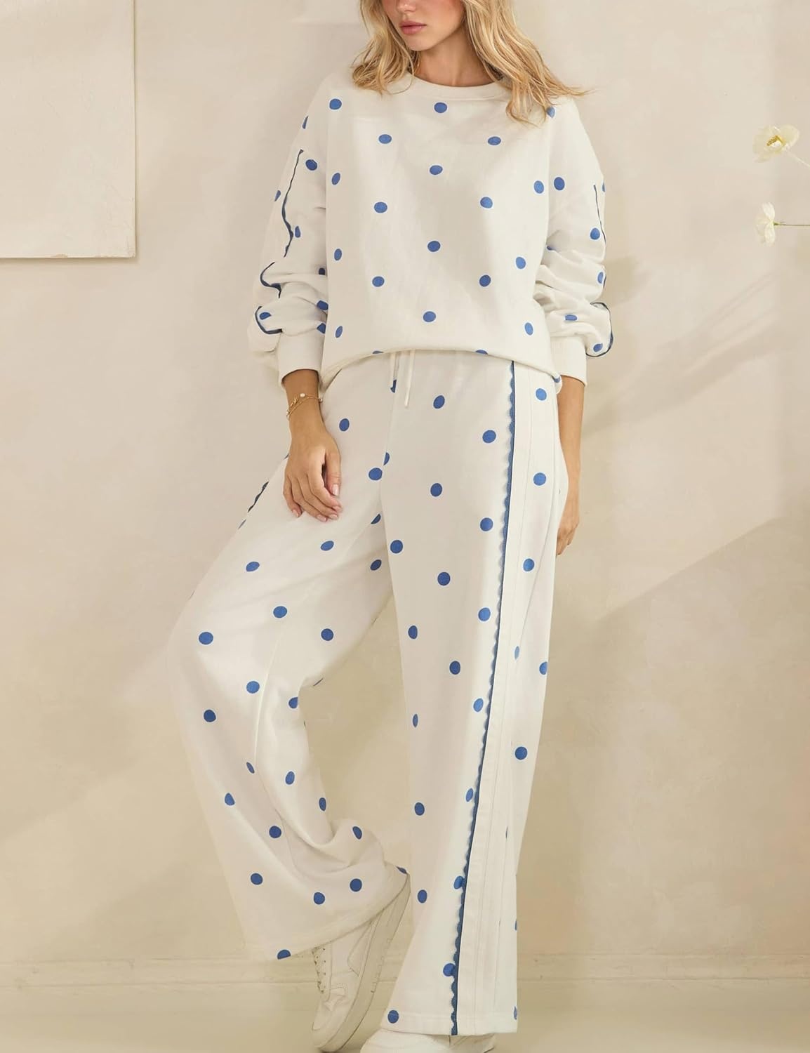 image:imageSpringrain Womens 2 Piece Polka Dot Fall Lounge Set SweatsuitBeigeXL Side Lace Trim Detailing Elastic Drawstring Waistband Side Pockets Figureflattering Wide Leg Pants Ribbed Cuffs