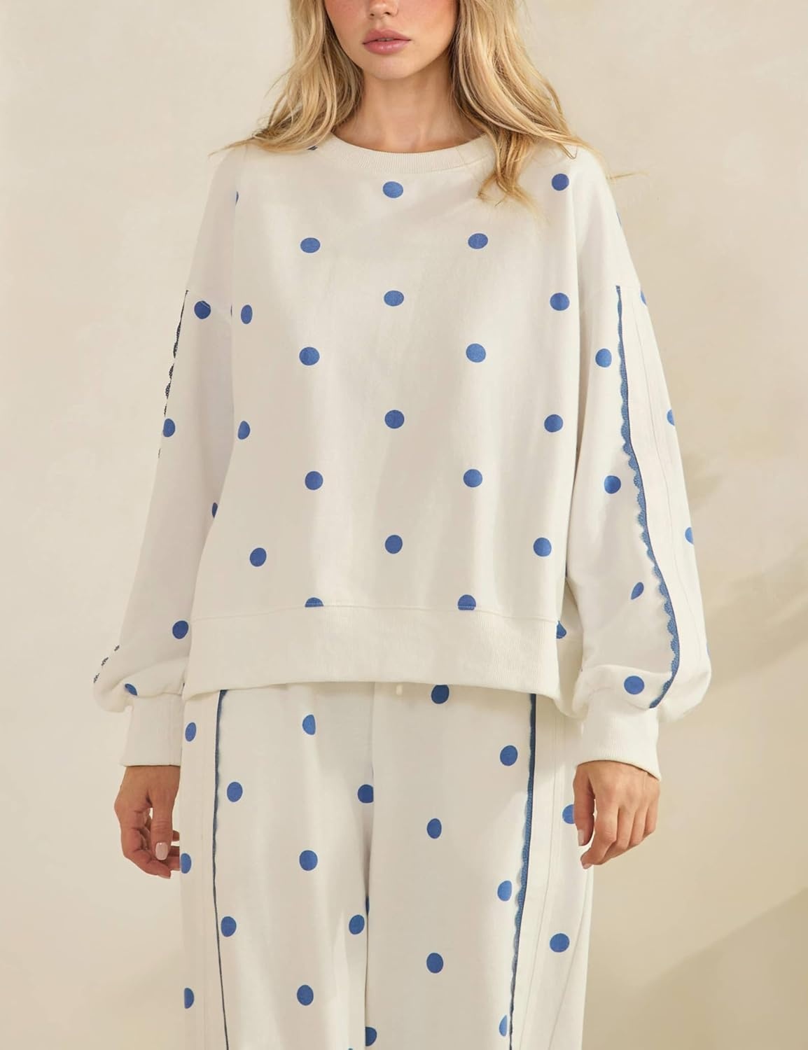 image:imageSpringrain Womens 2 Piece Polka Dot Fall Lounge Set SweatsuitBeigeXL Side Lace Trim Detailing Elastic Drawstring Waistband Side Pockets Figureflattering Wide Leg Pants Ribbed Cuffs