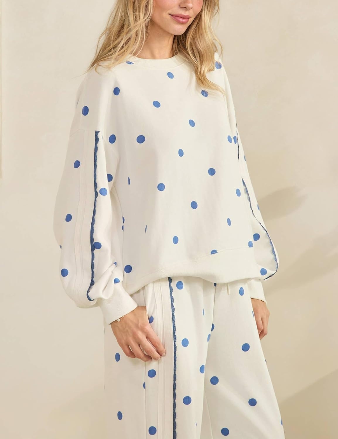 image:imageSpringrain Womens 2 Piece Polka Dot Fall Lounge Set SweatsuitBeigeXL Side Lace Trim Detailing Elastic Drawstring Waistband Side Pockets Figureflattering Wide Leg Pants Ribbed Cuffs