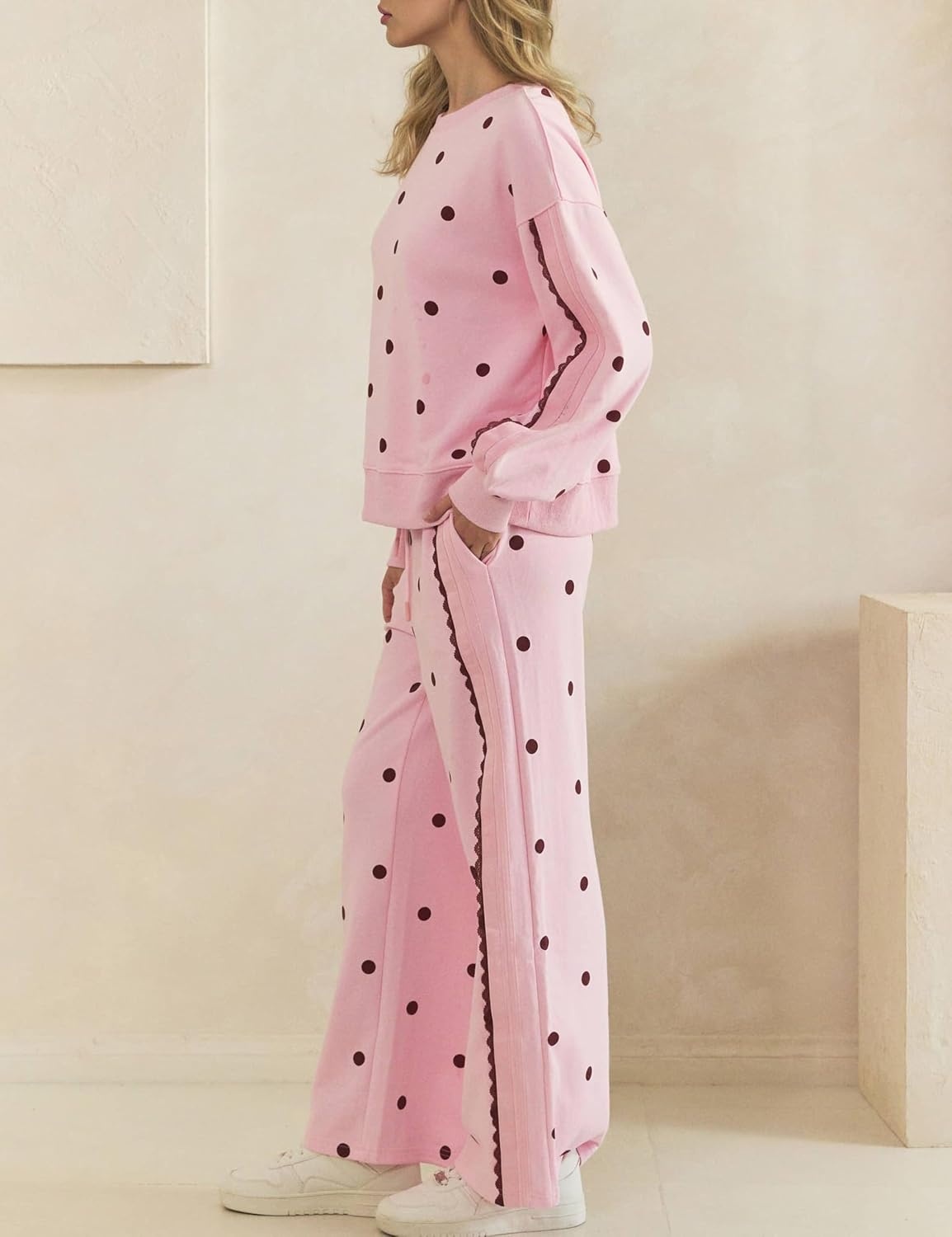 image:imageSpringrain Womens 2 Piece Polka Dot Fall Lounge Set SweatsuitPinkL Side Lace Trim Detailing Elastic Drawstring Waistband Side Pockets Figureflattering Wide Leg Pants Ribbed Cuffs