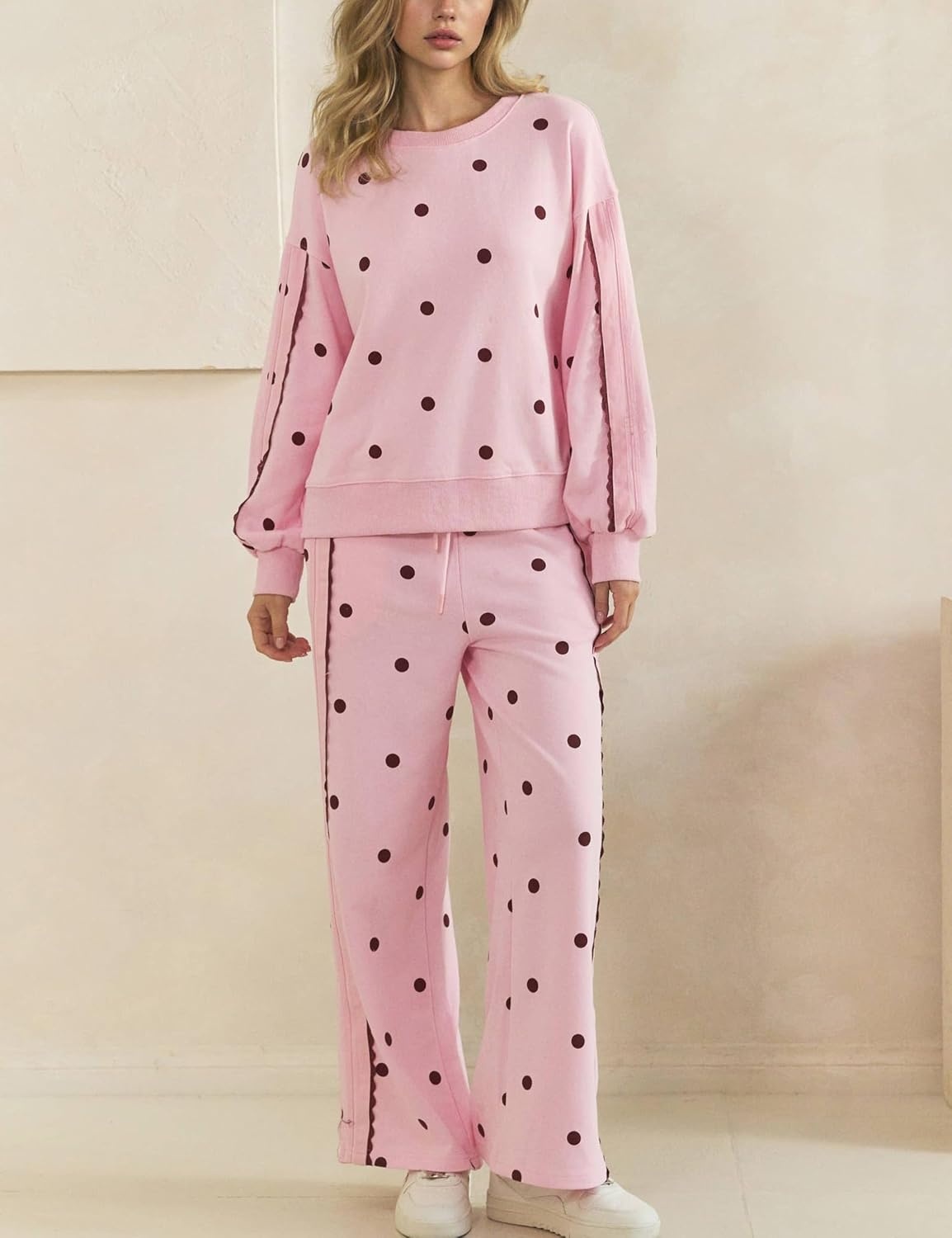 image:imageSpringrain Womens 2 Piece Polka Dot Fall Lounge Set SweatsuitPinkL Side Lace Trim Detailing Elastic Drawstring Waistband Side Pockets Figureflattering Wide Leg Pants Ribbed Cuffs