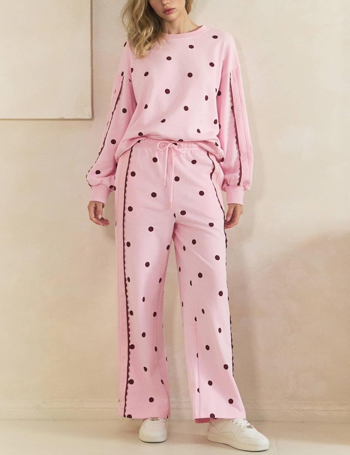 image:imageSpringrain Womens 2 Piece Polka Dot Fall Lounge Set SweatsuitPinkL Side Lace Trim Detailing Elastic Drawstring Waistband Side Pockets Figureflattering Wide Leg Pants Ribbed Cuffs