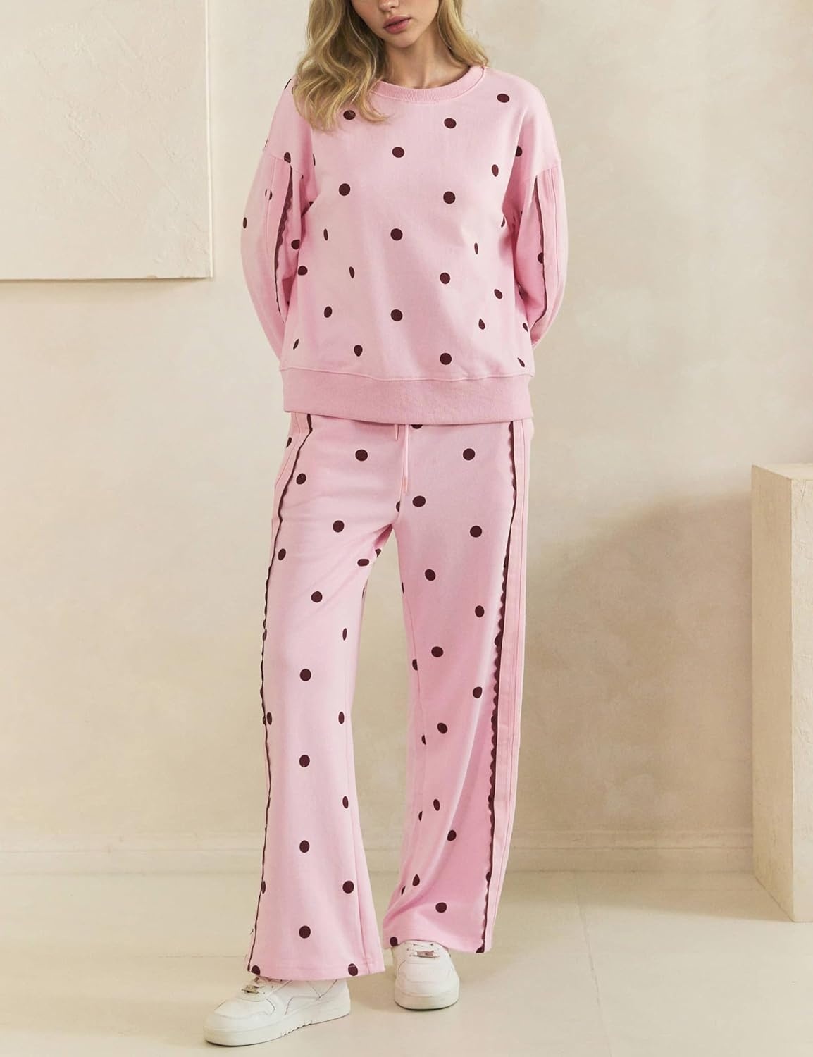 image:imageSpringrain Womens 2 Piece Polka Dot Fall Lounge Set SweatsuitPinkXL Side Lace Trim Detailing Elastic Drawstring Waistband Side Pockets Figureflattering Wide Leg Pants Ribbed Cuffs