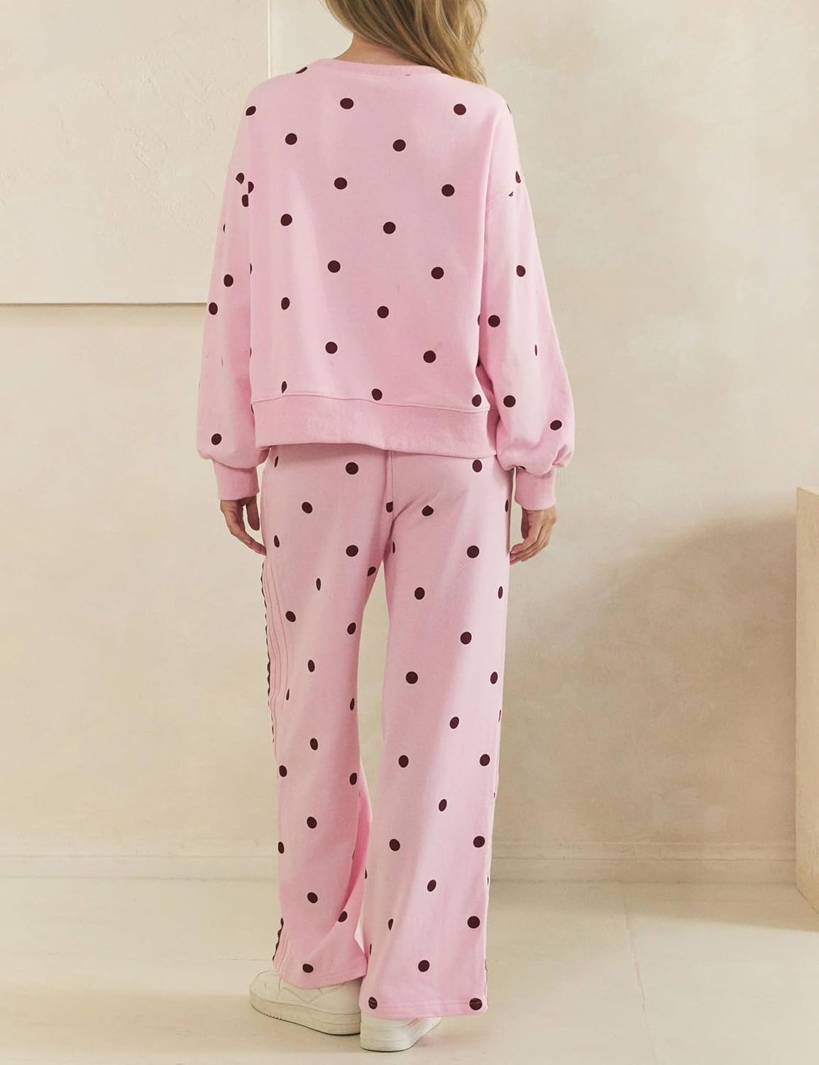 image:imageSpringrain Womens 2 Piece Polka Dot Fall Lounge Set SweatsuitPinkXL Side Lace Trim Detailing Elastic Drawstring Waistband Side Pockets Figureflattering Wide Leg Pants Ribbed Cuffs