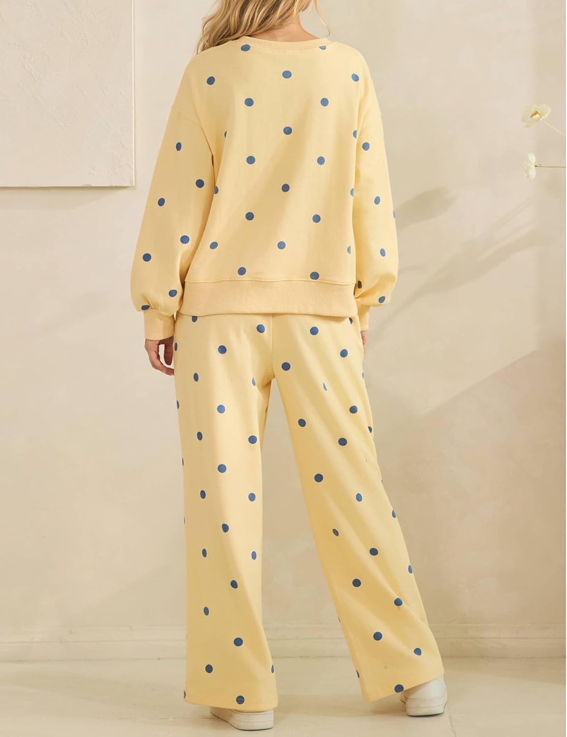 image:imageSpringrain Womens 2 Piece Polka Dot Fall Lounge Set SweatsuitYellowL Side Lace Trim Detailing Elastic Drawstring Waistband Side Pockets Figureflattering Wide Leg Pants Ribbed Cuffs