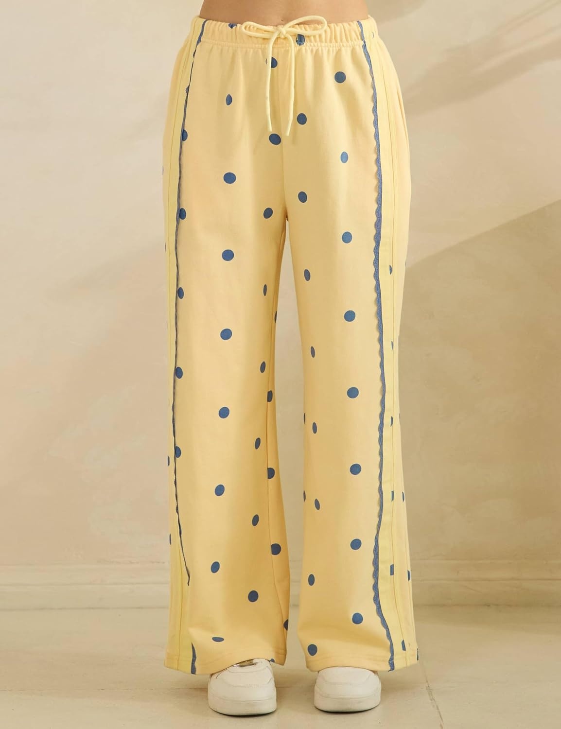 image:imageSpringrain Womens 2 Piece Polka Dot Fall Lounge Set SweatsuitYellowL Side Lace Trim Detailing Elastic Drawstring Waistband Side Pockets Figureflattering Wide Leg Pants Ribbed Cuffs