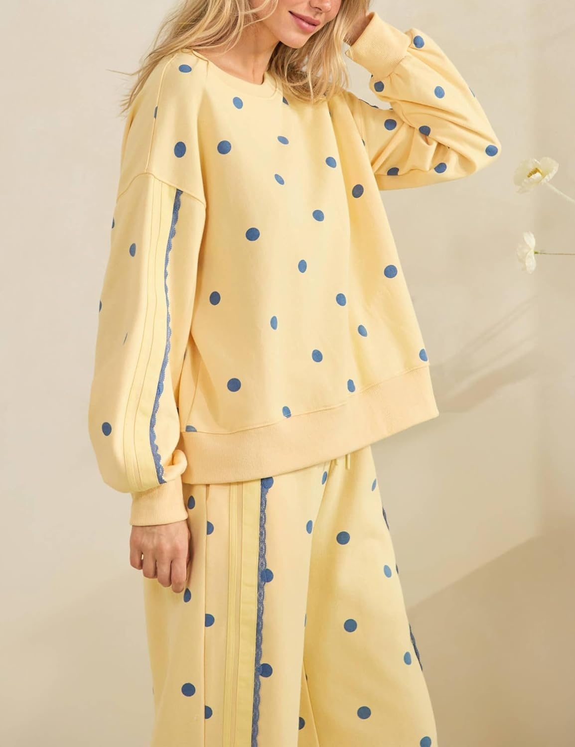 image:imageSpringrain Womens 2 Piece Polka Dot Fall Lounge Set SweatsuitYellowM Side Lace Trim Detailing Elastic Drawstring Waistband Side Pockets Figureflattering Wide Leg Pants Ribbed Cuffs
