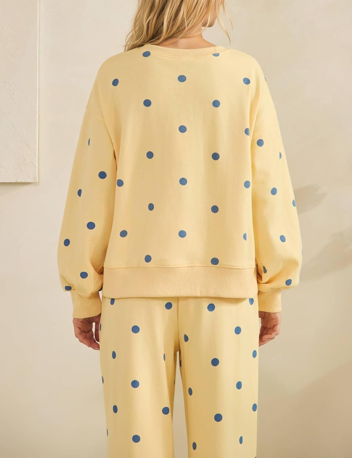 image:imageSpringrain Womens 2 Piece Polka Dot Fall Lounge Set SweatsuitYellowXL Side Lace Trim Detailing Elastic Drawstring Waistband Side Pockets Figureflattering Wide Leg Pants Ribbed Cuffs