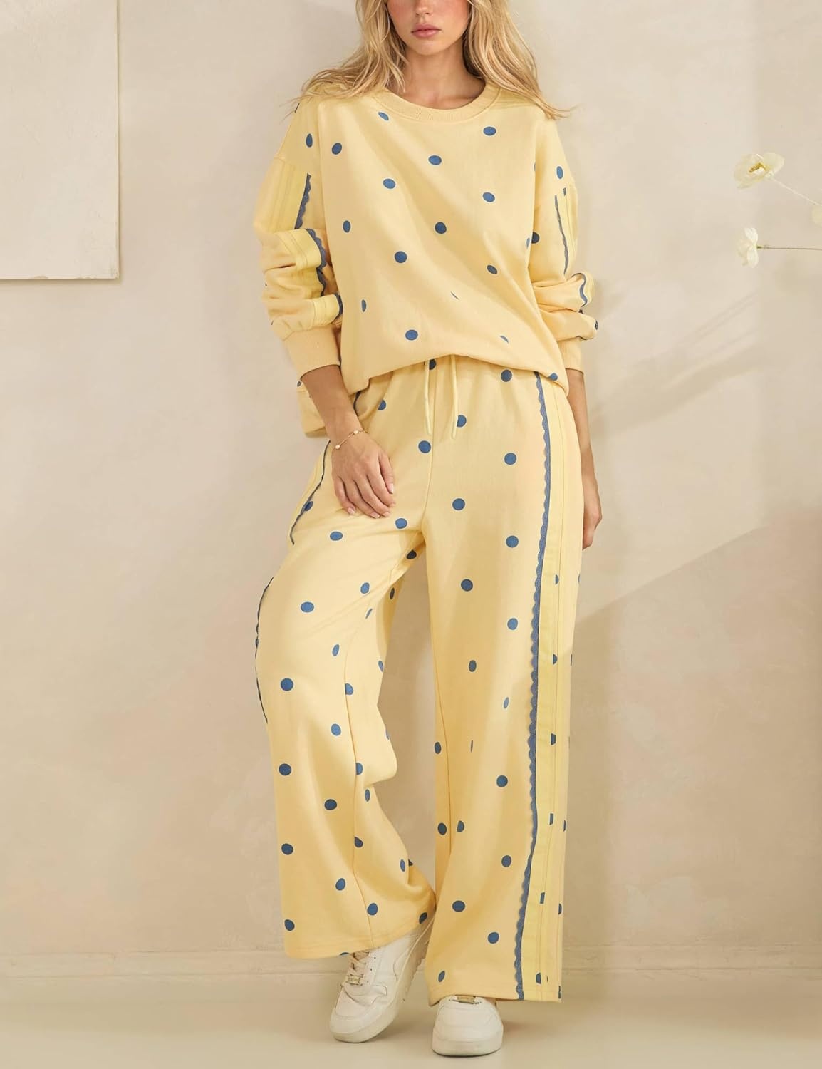 image:imageSpringrain Womens 2 Piece Polka Dot Fall Lounge Set SweatsuitYellowXL Side Lace Trim Detailing Elastic Drawstring Waistband Side Pockets Figureflattering Wide Leg Pants Ribbed Cuffs