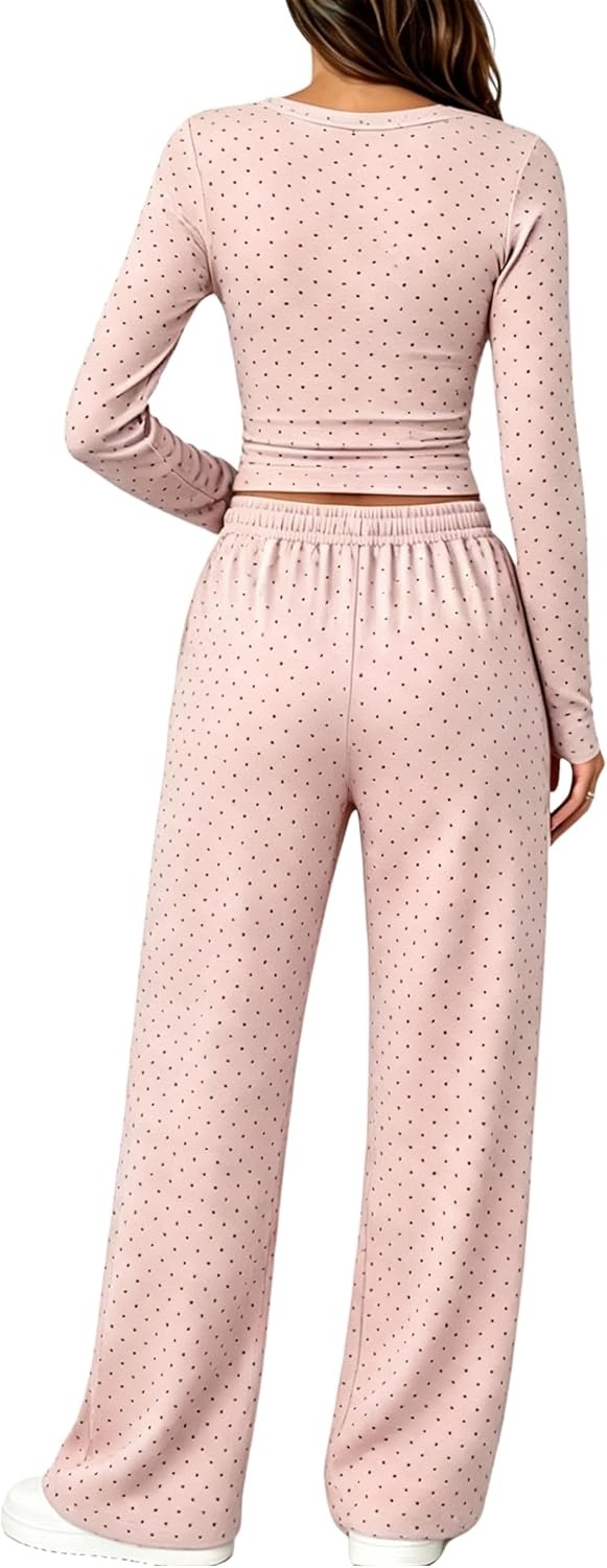 image:imageSpringrain Womens 2 Piece Polka Dot Lounge Sets Outfit Fall Adjustable Drawstring Elastic Waistband Convenient Side Pockets for Essentials Versatile Travel Weekend Casual WearPink